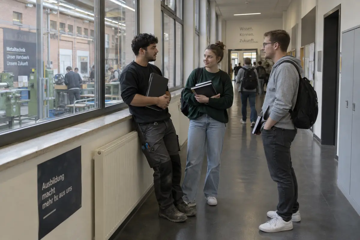 Meslek okulu koridorunda üç Ausbildung öğrencisi ders arasında sohbet ediyor