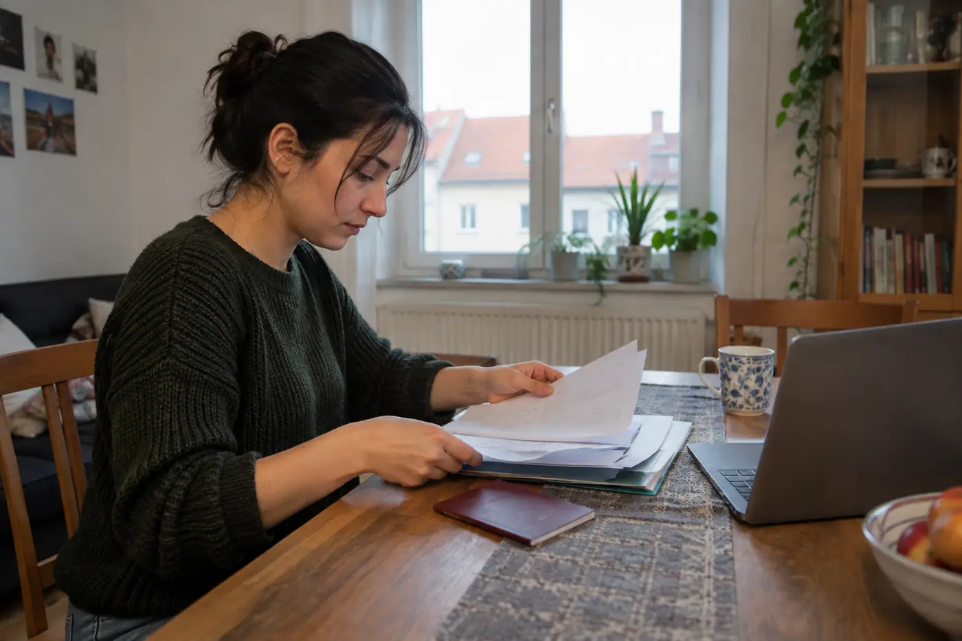 Ausbildung vizesi için evraklarını hazırlayan öğrenci evde masa başında çalışıyor