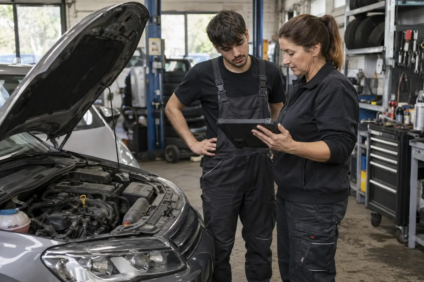 Almanya’da Kfz Ausbildung: servis atölyesinde motoru açık araç başında tabletle arıza tespiti yapan çırak ve usta
