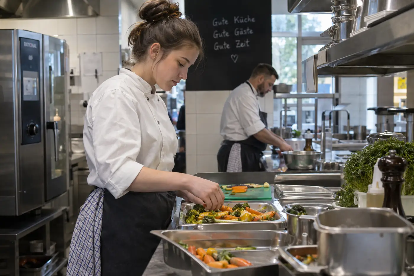 Otel mutfağında aşçılık Ausbildung yapan öğrenci servis için sebze tabağı hazırlıyor