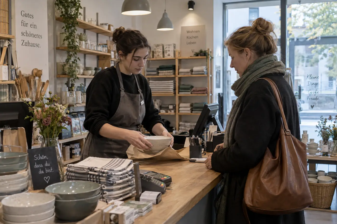 Perakende satış Ausbildung öğrencisi mağazada müşterinin aldığı ürünü paketliyor