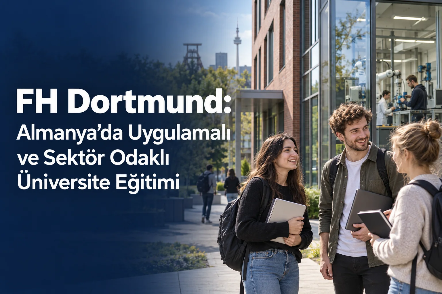 FH Dortmund: Almanya’da Uygulamalı ve Sektör Odaklı Üniversite Eğitimi başlıklı, sol tarafı koyu kapak; sağda temsili kampüs ve öğrenciler