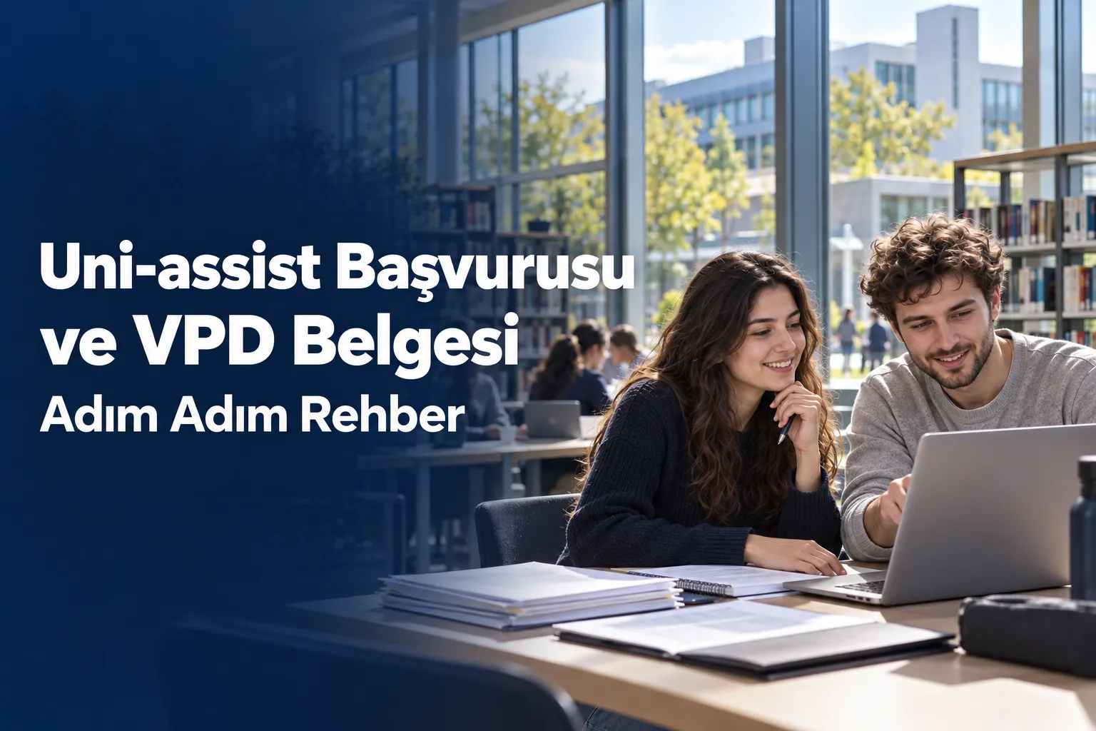 Uni-assist Başvurusu ve VPD Belgesi başlıklı kapak; sağda bilgisayar ve belgelerle başvuru hazırlayan iki öğrenci